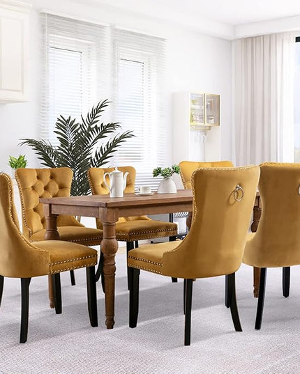 SoarFlash Velvet Dining Chair Set of 8, Upholstered Tufted Dining Room Chair with Nailhead Trim and Solid Wood Leg for Kitchen (Gold)