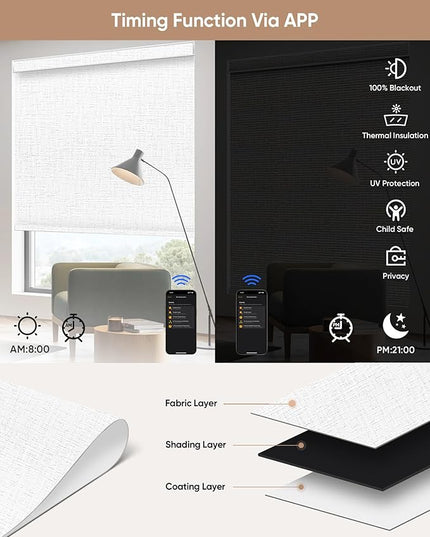 Kincmo Motorized Blinds with Remote,100% Blackout Motorized Roller Shades Work with Apple Homekit,Alexa,Google, Custom Electric Blinds with App,Voice Control (Classic White)