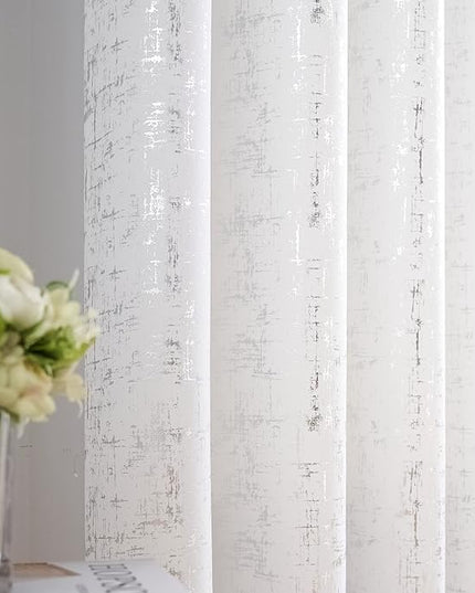 Taisier Home Silver Foil Print Linen Textured Curtains - Geometric Dots Pattern Design for Nursery, Toy Room - Thermal Insulated Window Treatment, 2 Panels, 54" L, White and Silver