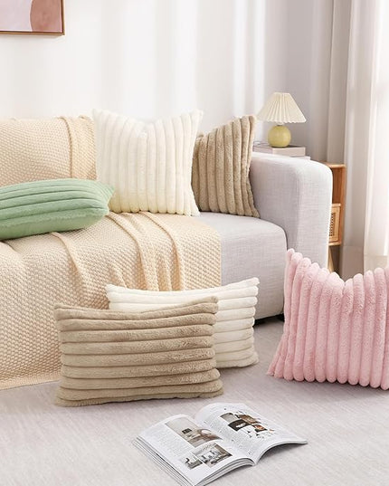 decorUhome Faux Fur Spring Throw Pillow Covers 26x26 Set of 2, Decorative Soft Plush Striped Neutral Couch Euro Pillow Covers with Velvet Back for Sofa, Bed, Living Room Home Decor, Khaki Brown
