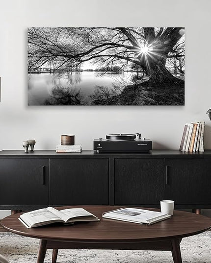LKY ART Wall Art Decor Black and White Lake Landscape Canvas Wall Art for Living Room Office Bedroom Old Tree Silhouette with Sunburst Nature Photography Print Picture Artwork 30 x 58 inches
