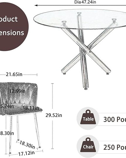 5 Pieces Round Glass Dining Set, Modern Luxury Circle Kitchen Table Set for 4, 47'' Clear Minimalist Circular Glass Top Dinner Room Set with Ivory Woven Chair, for Large Apartment (Silver)
