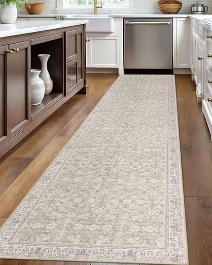 2.6x12 Washable Runner Rug for Kitchen, Cream Beige White Grey Soft Classic Runner with Non-Slip, Non-Shedding Distressed Floral Rug for Hallways Entryway Bedroom Laundry Indoor
