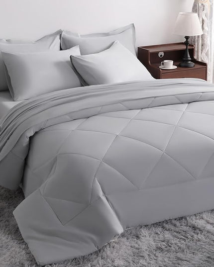 NTBAY King Comforter Set with Sheets, 7 Pieces Soft and Breathable King Bedding Set, Bed in a Bag, Down Alternative Comforter Set Solid Color All Season, King Bedding Set, Light Grey