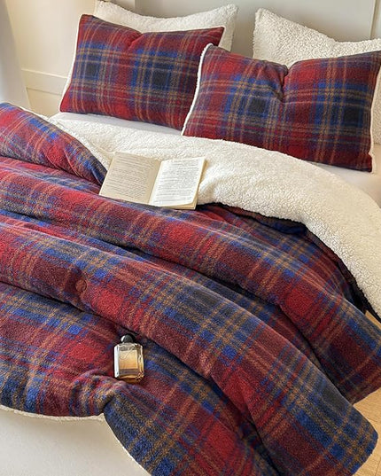 Cyusri Plaid Sherpa Comforter Set 3Pcs Fluffy Warm Fleece Down Alternative, Red Blue Grid Pattern Bedding Set with 2 Pillowcases, Queen Size 90"x90"