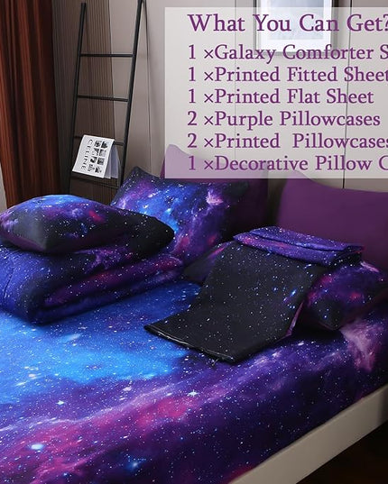JQinHome Full Galaxy Purple Comforter Sets Blanket,8 Piece Bed in A Bag 3D Outer Space Themed Bedding, All-Season Reversible Quilted Duvet, for Children Boy Girl Teen Kids(Blue Purple)