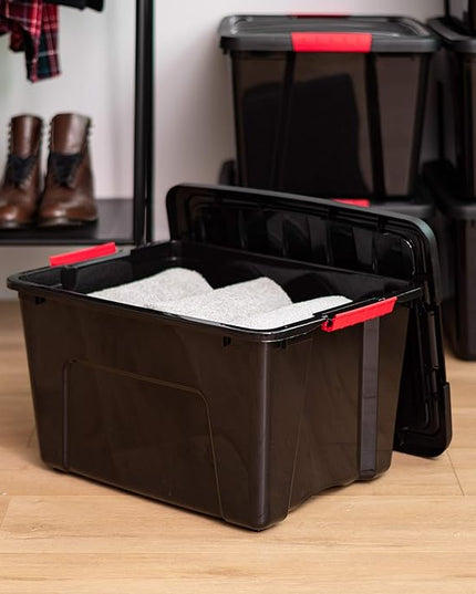 IRIS USA 40 Qt Stackable Plastic Storage Bins with Lids, 4 Pack - BPA-Free, Made in USA - Garage Organizing Solution, Latches, Durable Nestable Containers, Secure Pull Handle - Black