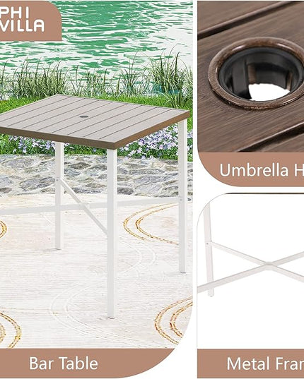 PHI VILLA Outdoor Bar Table, High Patio Table with Umbrella Hole, White Legs, Metal Frame, Sturdy & Durable for Outdoor & Indoor