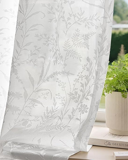 Anmao White Semi Sheer Light Filtering Extra Long Curtains 2 Panels, Leaf Pattern Drapes for Living Room Bedroom, Rod Pocket Sheer Window Treatments with Floral Design, 52x108 Inch