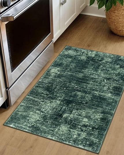 IOHOUZE Small Abstract Area Rug 2x3 Ft Entryway Rugs Washable Door Mat Indoor Entrance, Rubber Backed Throw Rugs, Printed Faux Wool Non Slip Floor Carpet for Foyer Front Door Sink, Dark Green
