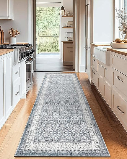 jinchan Hallway Runner Rug 2x10 - Machine Washable Grey Vintage Floral Distressed Design Soft Non-Slip Low-Pile Ultra-Thin Runner Rug for Kitchen Laundry Room Bedroom Farmhouse (2‘x10', Grey)