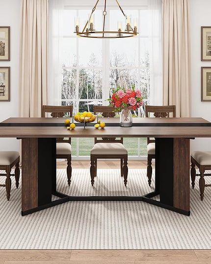 71 inch Dining Table for 4 5 6 | Modern Brown and Black Rectangular Kitchen Table W/Waterproof Wood Tabletop,Farmhouse Long Dining Room Tables W/Adjustable Legs&Wood Strip Base for Kitchen Living Room
