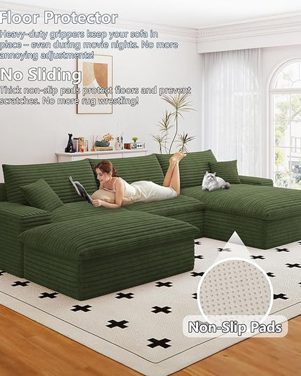 107" Cloud Couch Modular Sectional Sofa for Living Room, U-Shape Boneless Couch with Deep Seat, Modern Corduroy 3-Seater with Ottoman, No Assembly Required (Green,Right-Facing Chaise)
