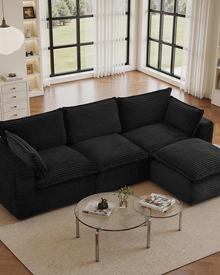 108" Sectional Couches for Living Room Boneless Couch Upholstered Cloud Couch Sectional Modular Sectional Sofa with L Shaped (Corduroy-Black, 3 Seat+1 Ottoman)