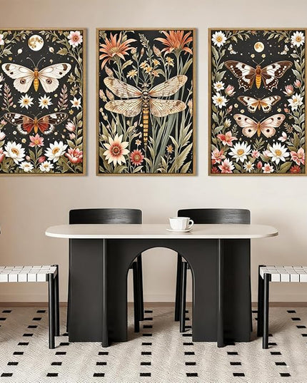 ANHUIB William Morris Wall Art 16x24 Inch Vintage Floral Wall Decor Framed Butterfly Dragonfly Prints Nature Botanical Animal Artwork Set of 3 for Living Room Bedroom Office