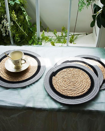 Handwoven Braided Rug, Set of 4, Round Reversible Area Rug, Pet-Friendly Durable Natural Fiber Carpet for Living Room, Dining Room, Bedroom