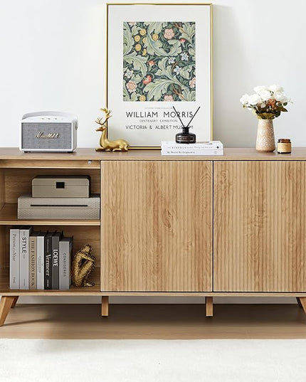 Fluted Sideboard Buffet Cabinet with Storage, Modern Storage Cabinet with 3 Doors, Wood Credenza Buffet Sideboards, Bar Cabinets Console Table for Kitchen Dining Living Room Entryway (Natural)