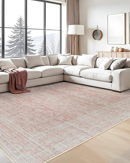 Washable Oriental Area Rug - 9x12 Rugs for Living Room Soft Carpet for Bedroom Waterproof Floral Distressed Indoor Stain Resistant Non-Shedding Floor Carpets (Pink, 9x12)