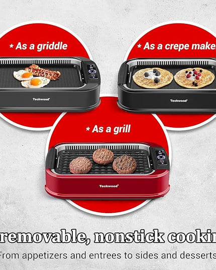 Indoor Smokeless Grill, Techwood 1500W Electric Indoor Grill with Tempered Glass Lid, Portable Non-stick BBQ Korean, Turbo Smoke Extractor Technology, Drip Tray& Double Removable Plate, Black
