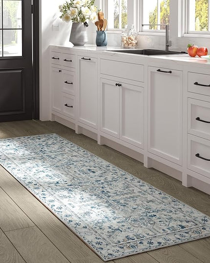 jinchan Lima Kitchen Runner Rug 2x8 - Vintage Floral Machine Washable Non-Slip Hallway Runner Rug with Rubber Backing Ultra-Thin Carpet for Bedroom Laundry Room Farmhouse (2x8ft, Blue)
