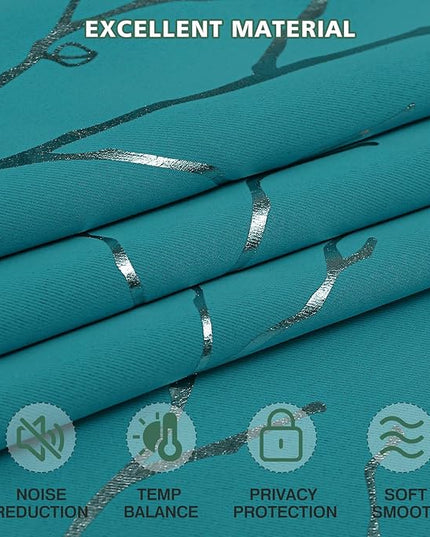 BUHUA White Black Out Curtains 63 Inch Long 2 Panels, Soundproof Curtains with Elegant Silver Tree Branches Print, Heat Blocking Curtains for Livingroom, 52W x 63L, Teal Blue