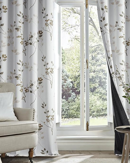Beauoop Floral 100% Blackout Curtains 108 Inches Long 2 Panels for Bedroom Living Room Tan Brown and White Flower Patterned Room Darkening Thermal Soundproof Grommet Window Treatments Drapes, 52X108