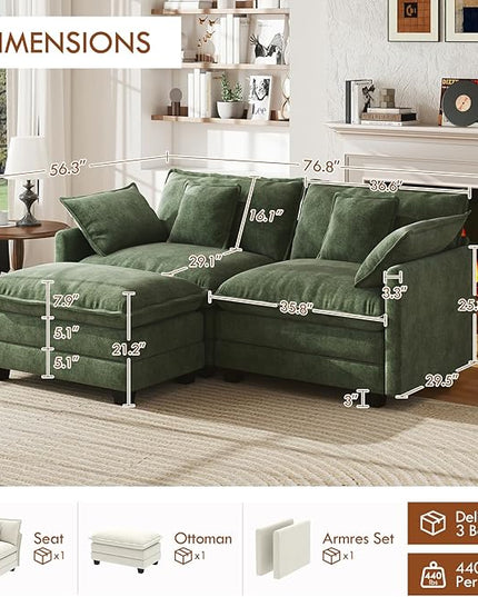 WorthFurni 77 Inch L Shape Cloud Sofa, Modular Sectional Couch with Ottoman, Comfy Chenille Deep Seat Loveseat with Pillow for Living Room Bedroom Apartment (Green)