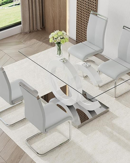Ebullient Glass Dining Table Set for 4 ，5 Piece Dining Table Set,Tempered Glass Table Top，White Modern Dining Room Table with 4 PU Leather Ergonomic Dining Chairs