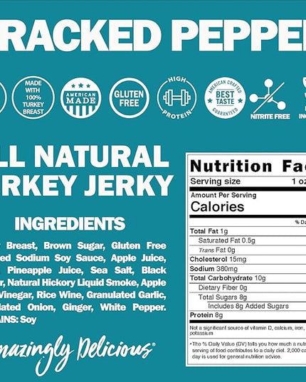 Field Trip Turkey Jerky, Gluten Free, Low Carb, Healthy High Protein Snacks, No Nitrates, All Natural Ingredients, Cracked Pepper, 1oz Bags, 12 Pack