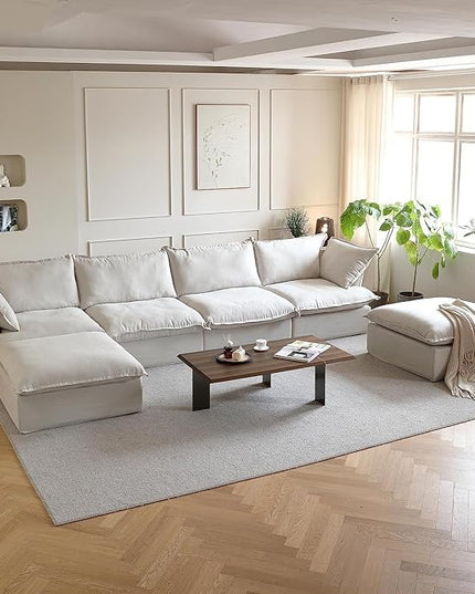JACH U-Shaped Couches for Living Room, Convertible Sectional Sofa, 162" Modern Deep Seat Soft Cloud Couch, Modular Sectional Sofas with Ottomans, Sofa Cover Removable(Beige)