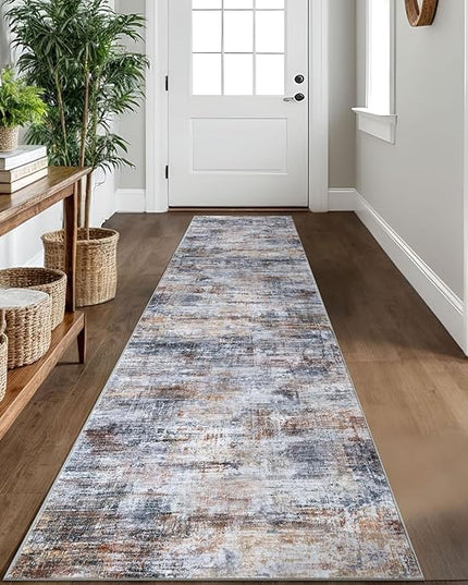 IOHOUZE Abstract Runner Rug 2x10 Ft Washable Runners for Hallways, Non Slip Kitchen Runner Printed Faux Wool Entryway Runner Indoor, Modern Abstract Floor Carpet for Hall Kitchen, Orange Grey