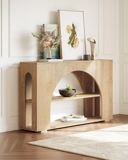 55" Console Table, Farmhouse Sofa Table with 3-Tier Storage, Wooden Entryway Table for Entrance, Hallway, Living Room, Natural Wood