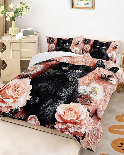 AILONEN Kids Cute Black Kitten Print Bedding Sets for Room Decor Queen Size,Pink Flowers Butterfly Comforter Set for Kids Girls,Kawaii Animal Duvet Set,3-Piece, 1 Quilt and 2 Pillowcases,Soft