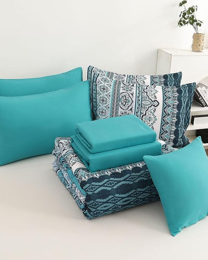 Cottolester Boho Queen Comforter Set 8 Pieces, Teal Comforter Bohemian Striped Bed in A Bag,Soft Microfiber Bedding Set for All Seasons