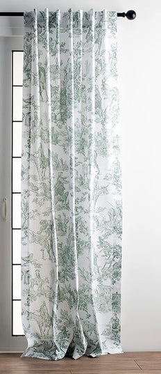 Maison d' Hermine Curtains for Living Room 100% Cotton 84 inch Length Two Panels Light Filtering Toile Curtains with Rod and Loop Pockets (The Miller Antique Green (White Background), 50" W x 84" L)