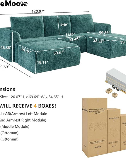 EASE MOOSE Cloud Couch Sectional Sofa, Large U-Shaped Oversized Modular Couch for Living Room, Minimalist Boneless Convertible Couches with Ottoman, 5-Seat Deep Sofas for Bedroom, Chenille (Blue)