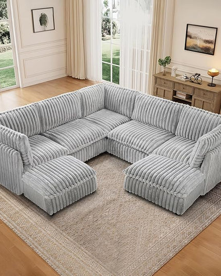KKL Modular Sectional Couch for Living Room, V Shaped Corduroy Couches with 2 Ottomans, 7 Seater Oversized Sofa, Soft Fabric Modern Sofa, Grey