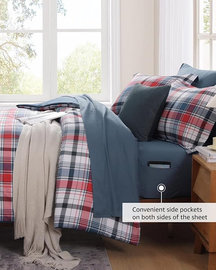 MaiRêve Queen Size Plaid Comforter Set Navy Red, Classic 7 Pieces Farmhouse Bedding Set, All Season Lightweight Bed in A Bag with Sheets, Pillowcases & Shams
