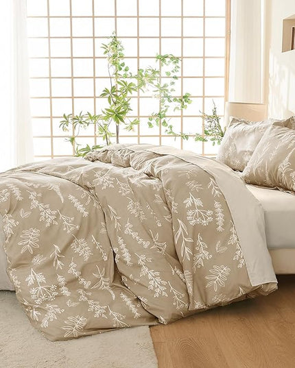 MUXHOMO Taupe Bed in a Bag King 7 Pieces, King Comforter Set Reversible Botanical Flowers Design, Ultra Soft & Breathable Bedding Sets with Comforter, Sheets, Pillowcases & Shams
