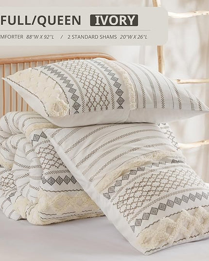 INK+IVY Comforter for Queen Size Bed, Chenille Tufted, Breathable Cotton Comforter Set Queen, All Season Modern Boho Comforter with Farmhouse Bedding Flare, 2 Matching Shams, Queen Ivory 3 Piece