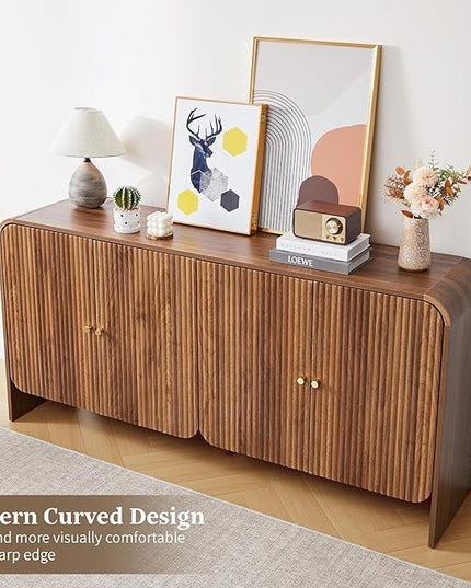 59” Large Buffets Sideboard Cabinet with Storage, Fluted Curved Credenza Buffet Table Storage Cabinet with 4 Doors, Modern Wood Accent Console Table Coffee Bar for Living Room Kitchen Hallway, Walnut