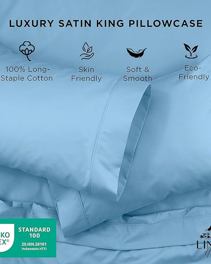 Linen Home 600 Thread Count King Pillowcase Set | 100% Long-Staple Cotton Pillow Cases | Soft & Smooth Luxury Satin Set of 2 Pillowcases | 4 Inch Z Hem | Baby Blue