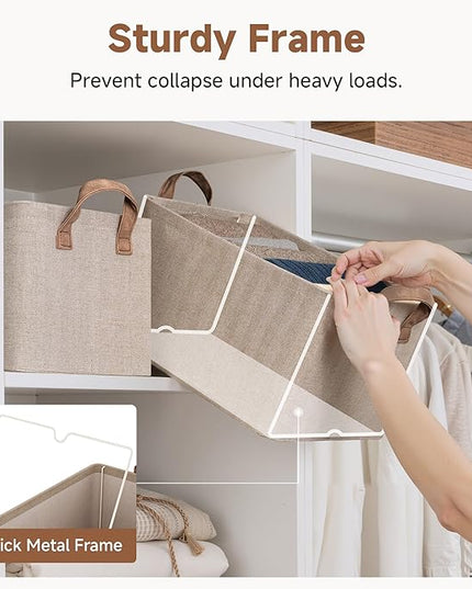 StorageWorks Storage Bins, Fabric Storage Bins for Shelves, Storage Baskets with Metal Frame, Closet Baskets and Bins with Handles, Brown and Beige, 2-Pack
