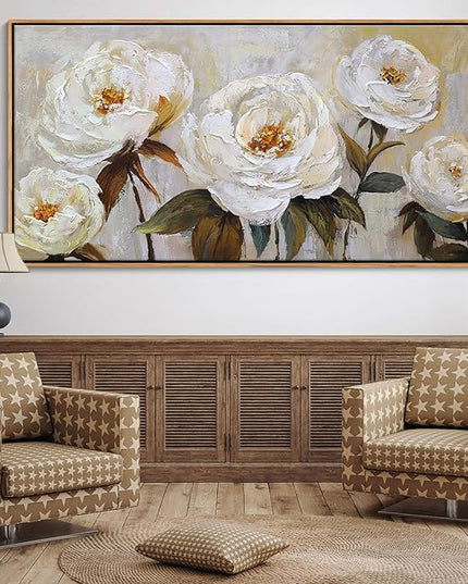 Flower Canvas Wall Art Textured Floral Picture Wall Decor White Large Elegant Painting for Living Room Modern Artwork for Home Decor Pictures for Bedroom Wall Decor 29×58IN