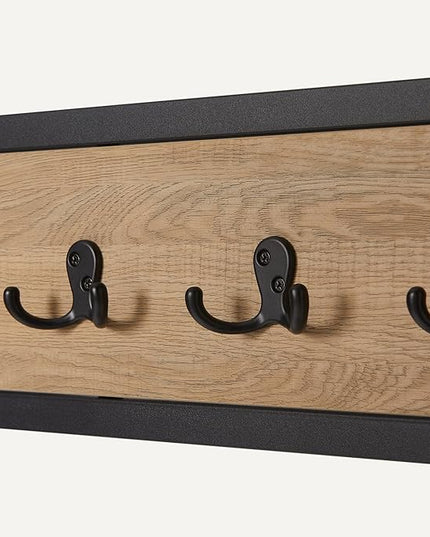 Amazon Basics Entry Bench with Hooks, Hall Tree with Shoe Storage Bench, Steel Frame, Oak Finish