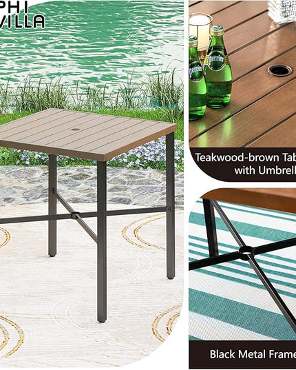 PHI VILLA 36"X36" Outdoor Metal Counter Height Table with 1.57" Umbrella Hole, Square Table with Teakwood-Brown Table Top and Black Table Legs for Outdoor and Indoor