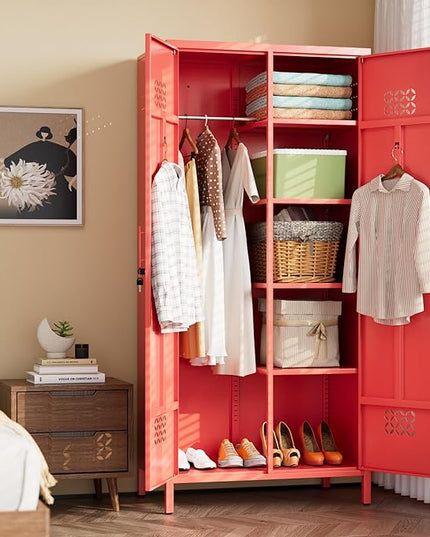 Aobabo Metal Wardrobe Cabinets with Lock, 2 Door Metal Closet wtih 4 Adjustable Shelves and 2 Hannging Rod, Lockable Locker Cabinet, Storage Locker for Home, Office,Red, Assembly Required