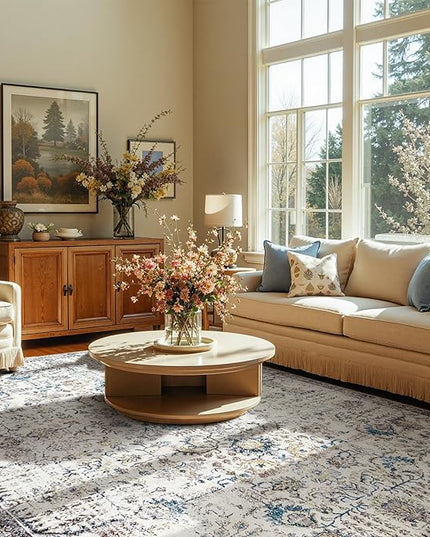 jinchan Area Rug 8x10 Washable Living Room Rug Vintage Indoor Large Floor Cover Retro Distressed Floral Country Boho Lightweight Non Slip Thin Carpet for Kitchen Bedroom Dining Room Office Blue