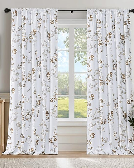 Beauoop Floral 100% Blackout Curtains 96 Inches Long 2 Panels for Bedroom Living Room Tan Brown and White Flower Patterned Room Darkening Thermal Soundproof Rod Pocket Back Tab Window Drapes, 52X96