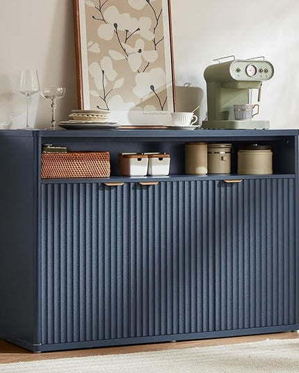 LEYAOYAO Fluted Buffet Cabinet with Storage, 45" Wide Wood Sideboard Credenza with 3 Doors & Open Storage Shelf, Modern Kitchen Console Accent Cabinets, Coffee Bar Table for Dining Room, Dark Blue